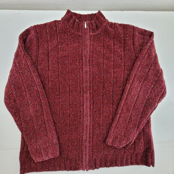 Vtg Studio Works Sweater Womens M Berry Solid Ribbed Soft Cardigan Knit Full Zip - Picture 1 of 12
